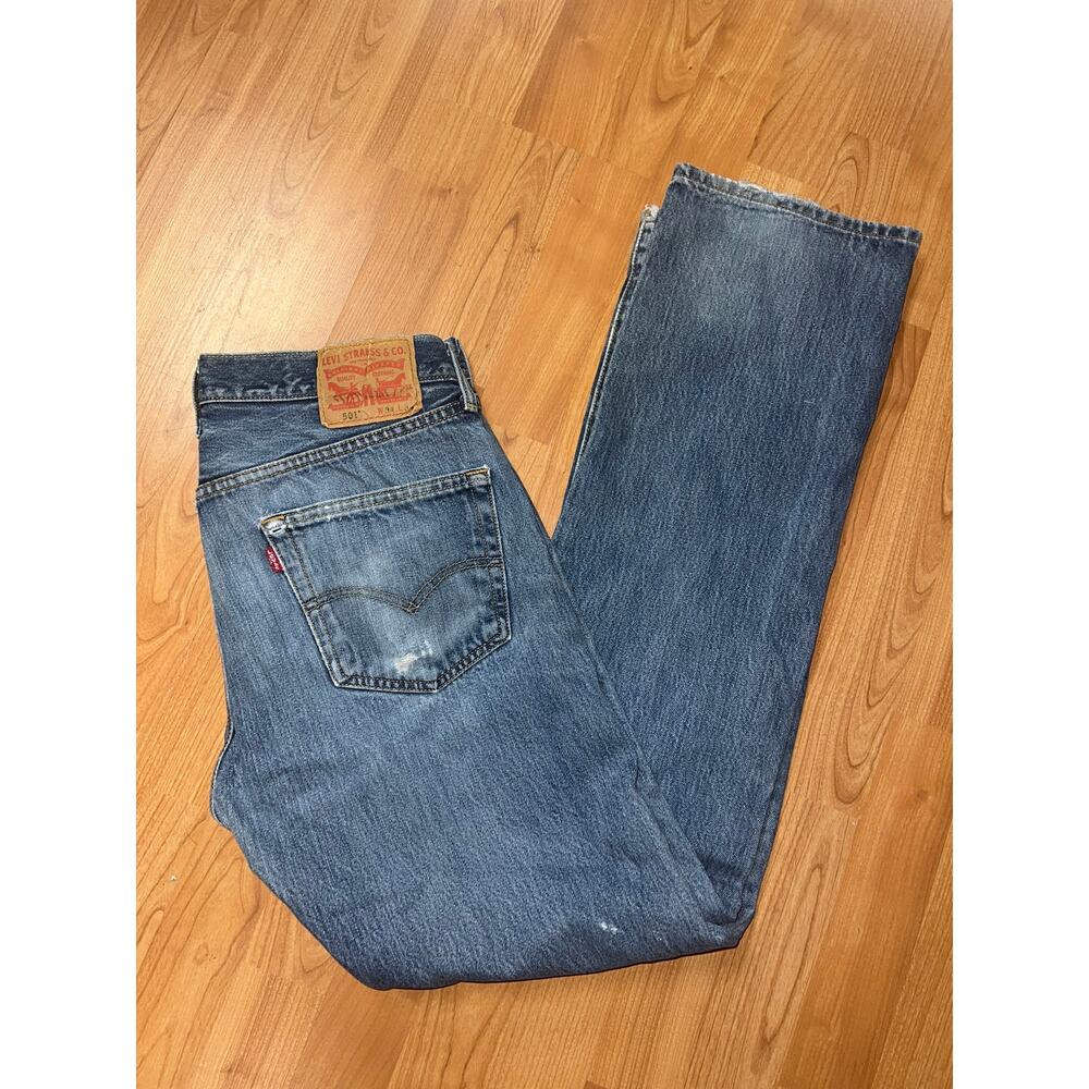Y2K Levi Levi's 501 Blue Denim Jeans Bottoms Pants Rip Torn 34x34